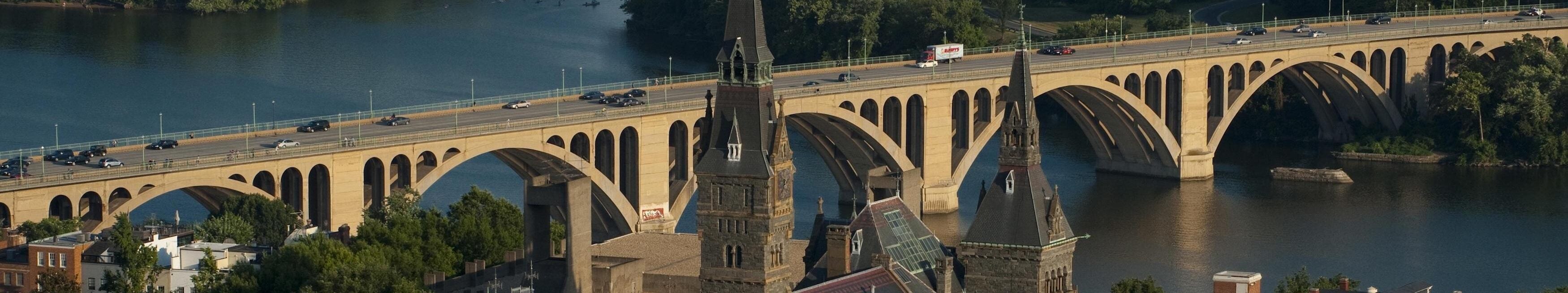 Aerial view of Georgetown University looking down the Potomac River